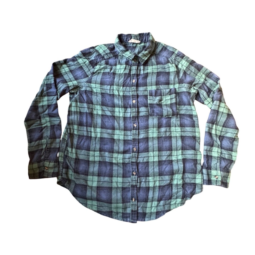 Hollister Flannel women's‎ Medium Blue Green Plaid Long Sleeve Button Up Casual